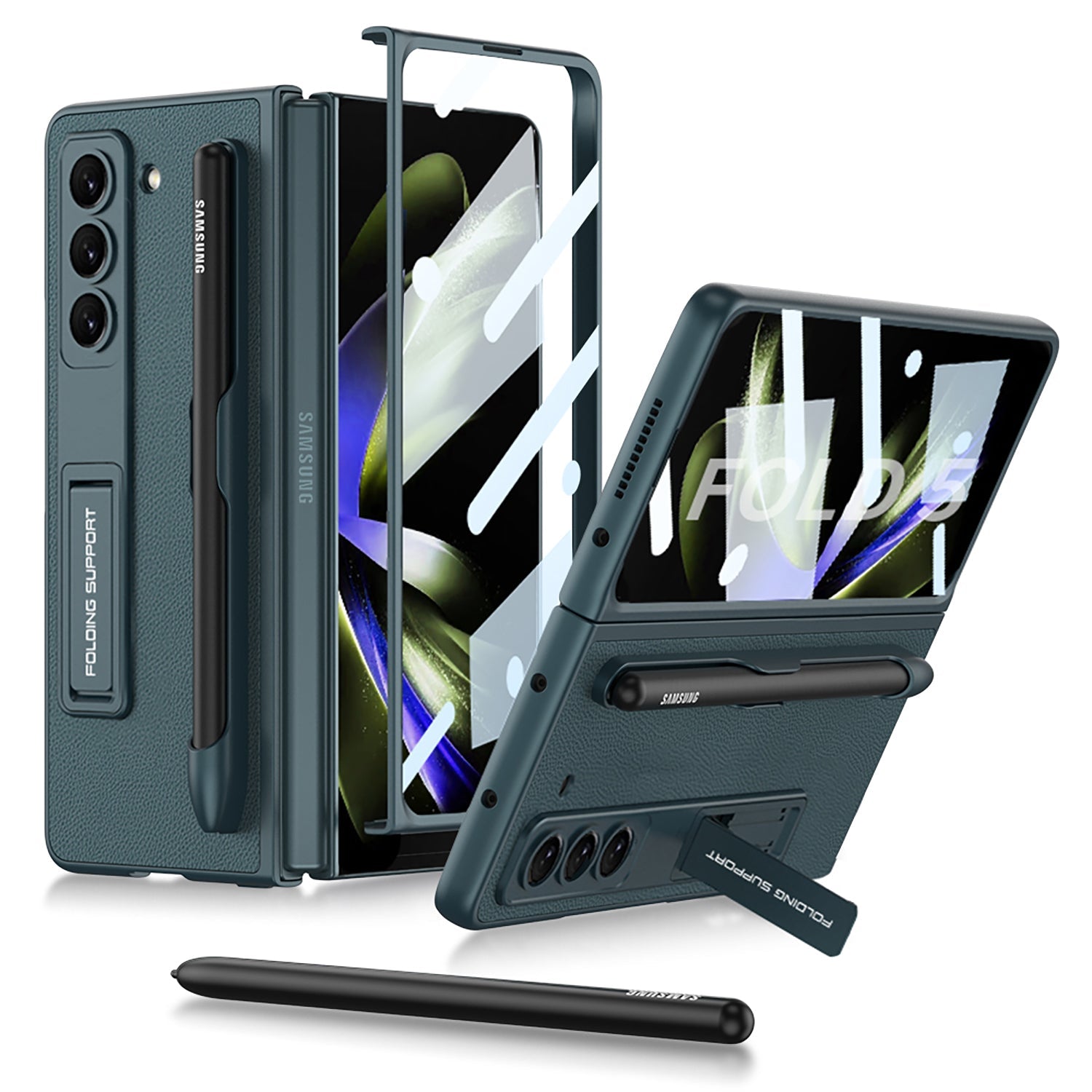 Slim Leather Samsung Galaxy Z Fold 5 Case with Front Screen Tempered Glass Protector & Pen Slot & Stylus - {{ shop_name}} varyfun