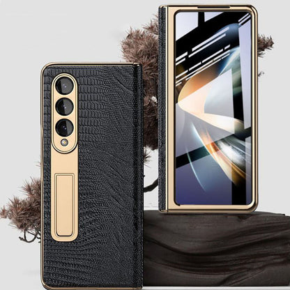 Handmade Leather Crocodile Pattern Phone Case With Back Screen Protector For Samsung Galaxy Z Fold4 5G - mycasety2023 Mycasety