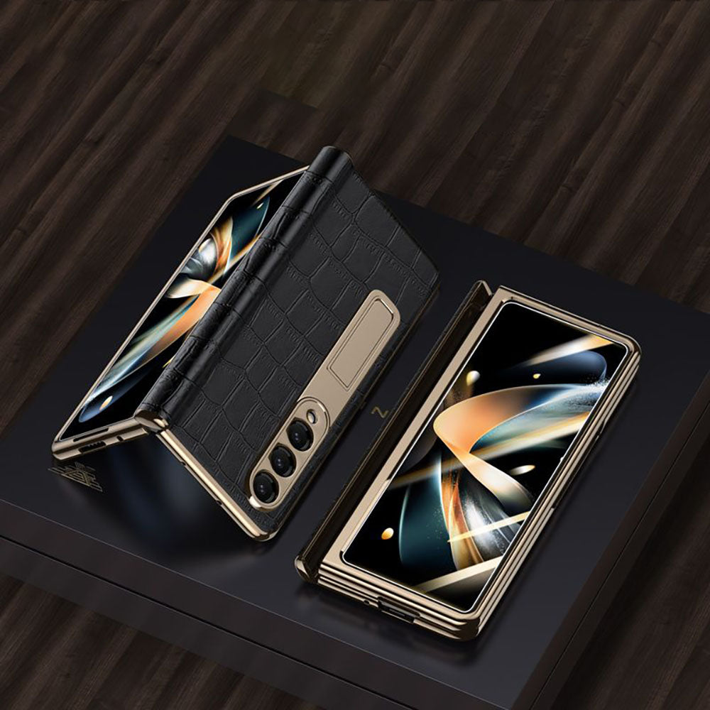Handmade Leather Crocodile Pattern Phone Case With Back Screen Protector For Samsung Galaxy Z Fold4 5G - mycasety2023 Mycasety