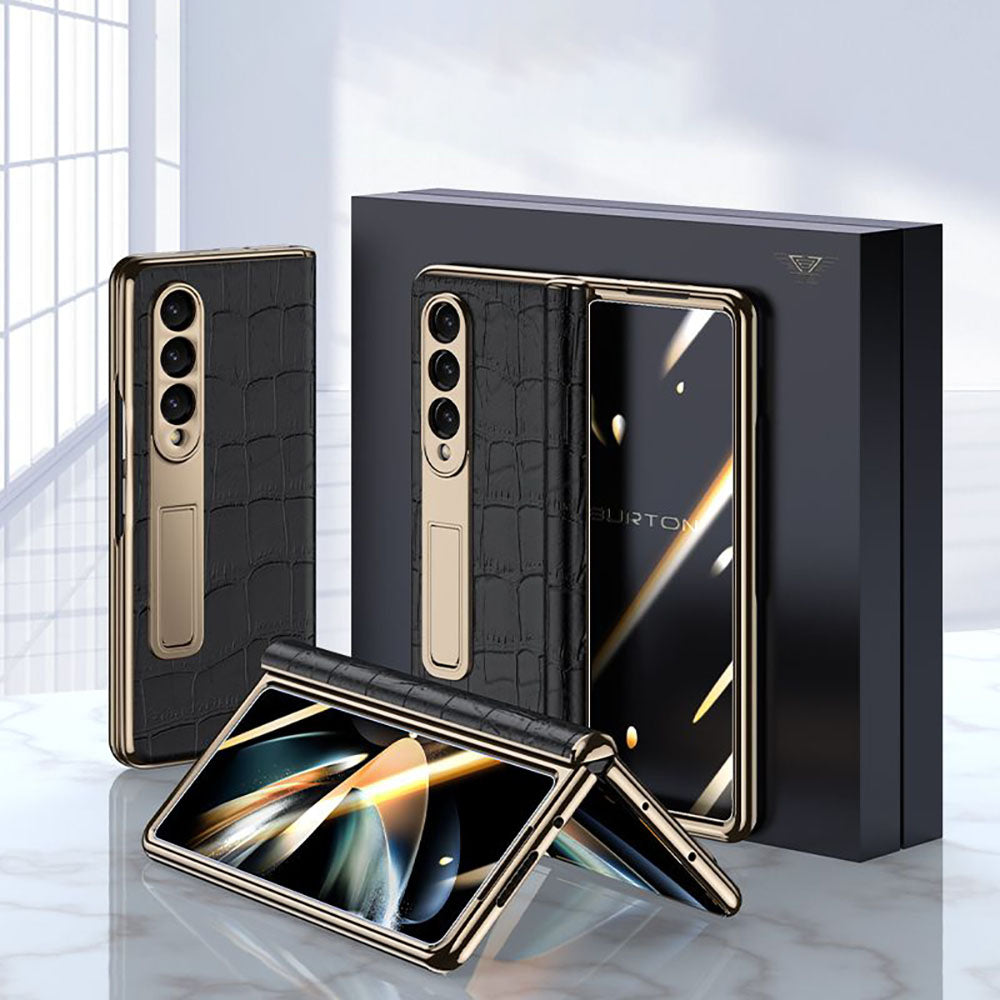 Handmade Leather Crocodile Pattern Phone Case With Back Screen Protector For Samsung Galaxy Z Fold4 5G - mycasety2023 Mycasety