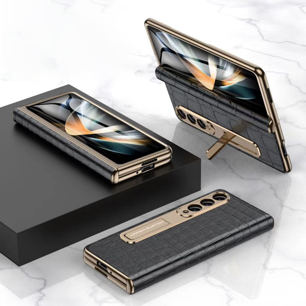 Handmade Leather Crocodile Pattern Phone Case With Back Screen Protector For Samsung Galaxy Z Fold4 5G - mycasety2023 Mycasety