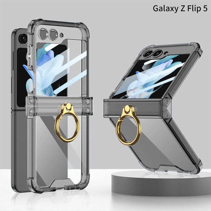 Samsung Galaxy Z Flip 5 Hinge Full Coverage Airbag Phone Case with Ring Front Screen Tempered Glass Protector - mycasety2023 Mycasety