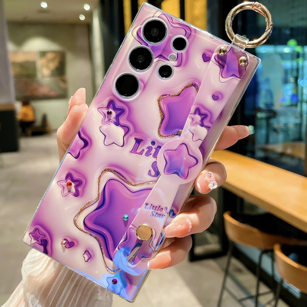 Glitter Blue Light 3D Tulips Case for Samsung Galaxy S23 S23Ultra S23Plus Soft Silicone With Wrist Strap Support Stand Shell