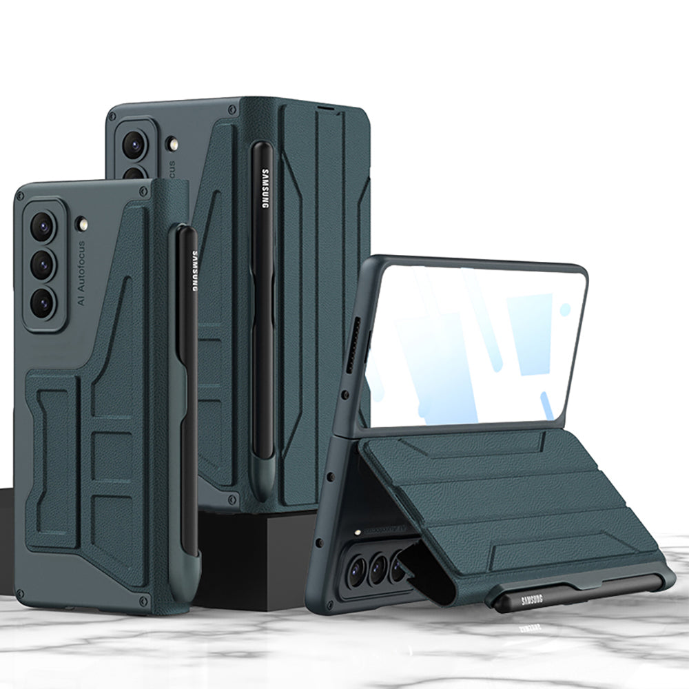 Business Leather Phone Cover With S Pen Holder & Back Screen Protector For Samsung Galaxy Z Fold 5/4/3 5G - mycasety2023 Mycasety