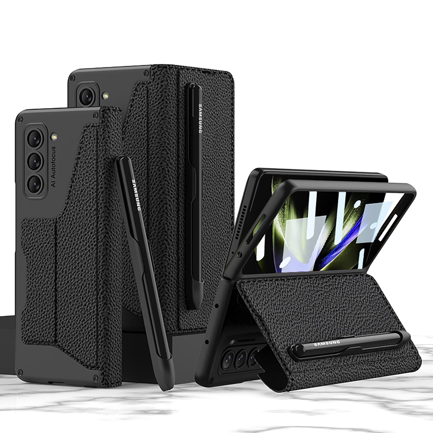 Leather Pen Holder Armor Phone Case With Back Screen Protector For Samsung Galaxy Z Fold 5/4/3 5G - mycasety2023 Mycasety